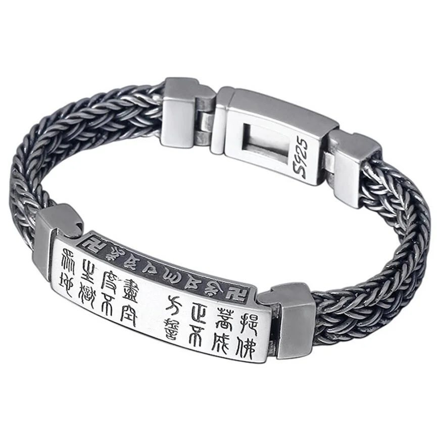 Pure Silver Sterling 925 Silver Carved Buddha Word hand-woven Solid Silver Lock Bangle S925 Bracelet (HY25A)