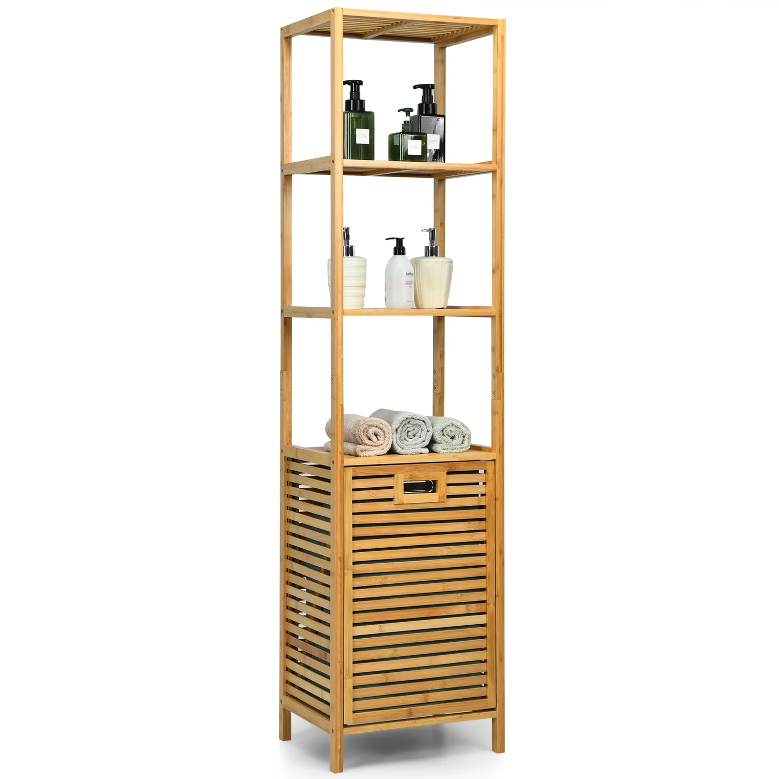 Costway Bathroom Tilt-out Laundry Hamper 3-Tier Shelves Bamboo Tower Basket