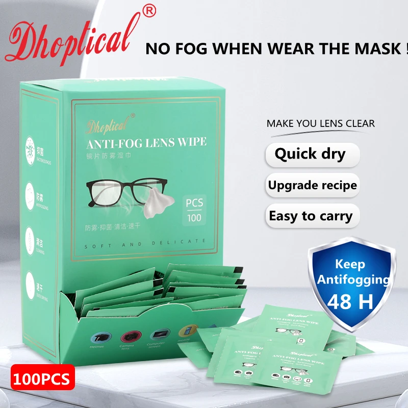 dhoptical 100 pcs Anti-Fog Wipes for Glasses Lens Pre-moistened Cleaning Wipes for Eyeglasses, Face Shields, Goggles, Ski Masks