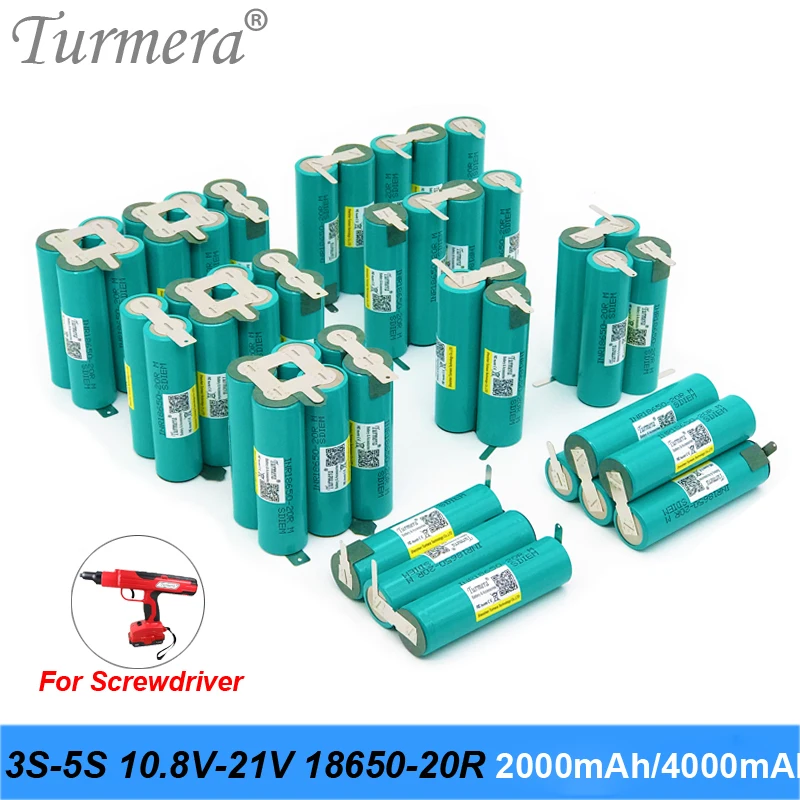 Turmera 3S 12.6V 4S 16.8V 5S 18V 21V 6S 25V 18650 Lithium Battery 20RM 2000mAh 4000mAh 20A Soldering for Screwdriver Battery Use