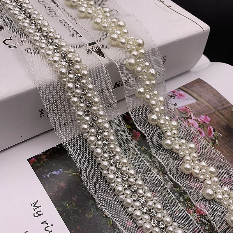 5.8Yards/Piece White Pearl Beads Trim Rhinestone Tape Decoration Lace Ribbon Crystal Appliques for Clothes Shoes Making