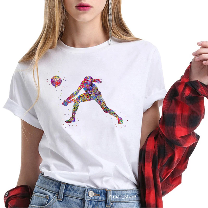 2021 Hot sale watercolor volleyball girls printed tshirt women love sports tees summer tops female white t-shirt funny t shirts