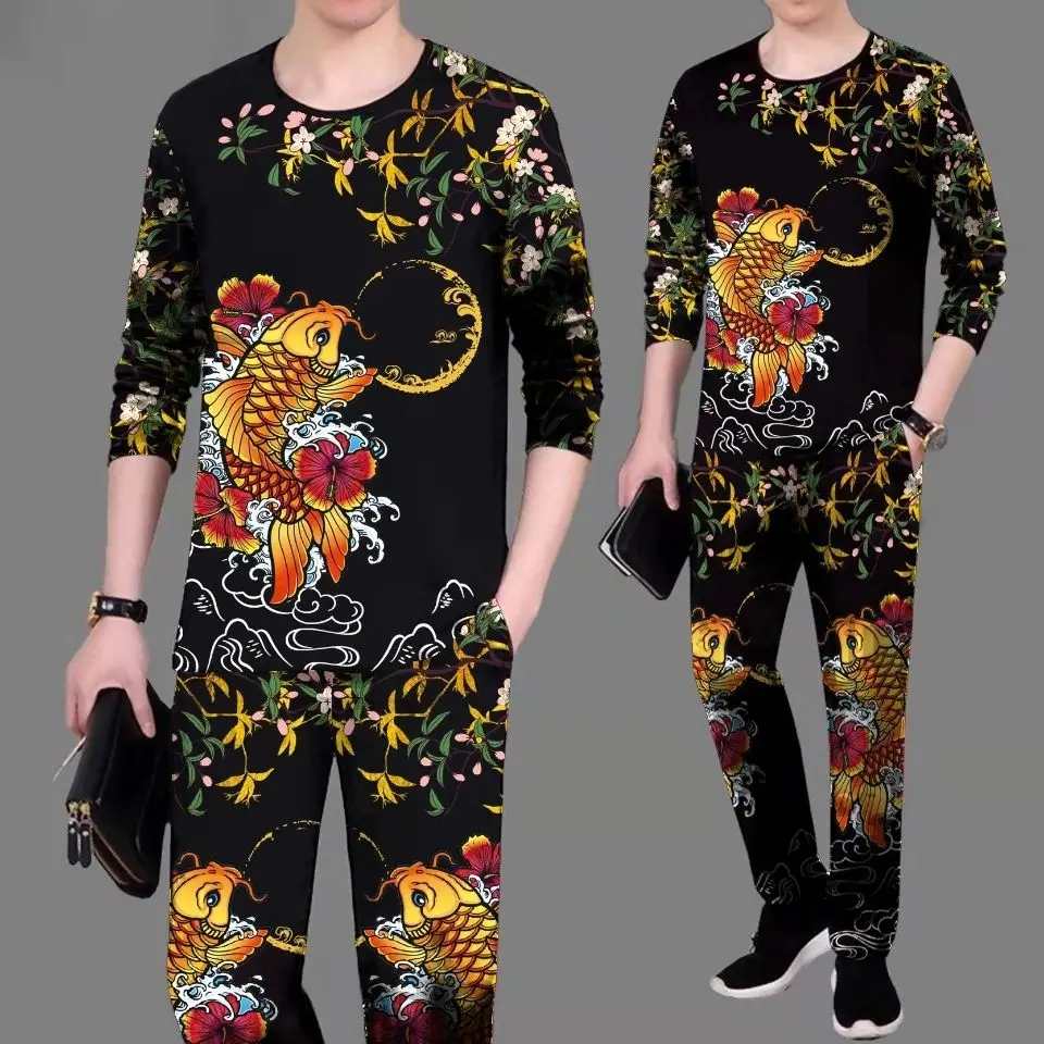 Autumn men's casual suit fashion carp pattern 3D printing round neck thin men's clothes  sportswear mensuit   trousers t shirts