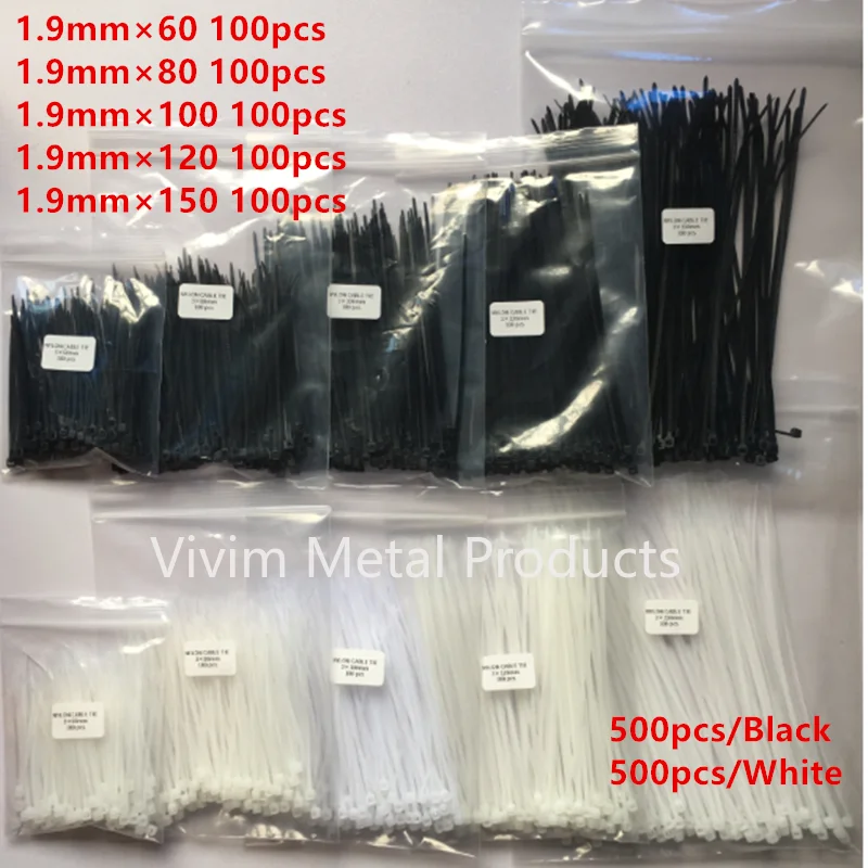 

Self-Locking Nylon Cable Ties Set Width 1.9 x60/80/100/120/150mm Assorted Black/White Plastic Zip Loop Wire Wrap 500pcs