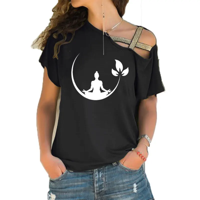 Meditation Room Buddhist Zen Summer FUNNY T SHIRTS Print T shirt Woman Short Sleeve Irregular Skew Cross Bandage Tops