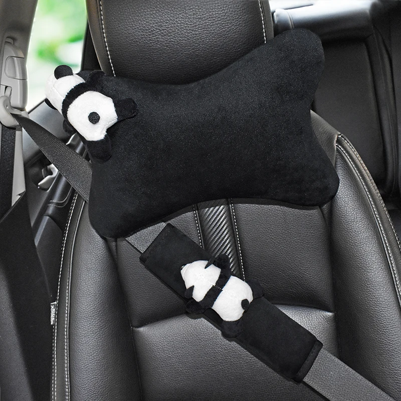 Cute Cartoon Panda Doll Car Seat Headrest Neck Pillow Support Soft Plush Auto Seatbelt Cover Car Interior Accessories Quality