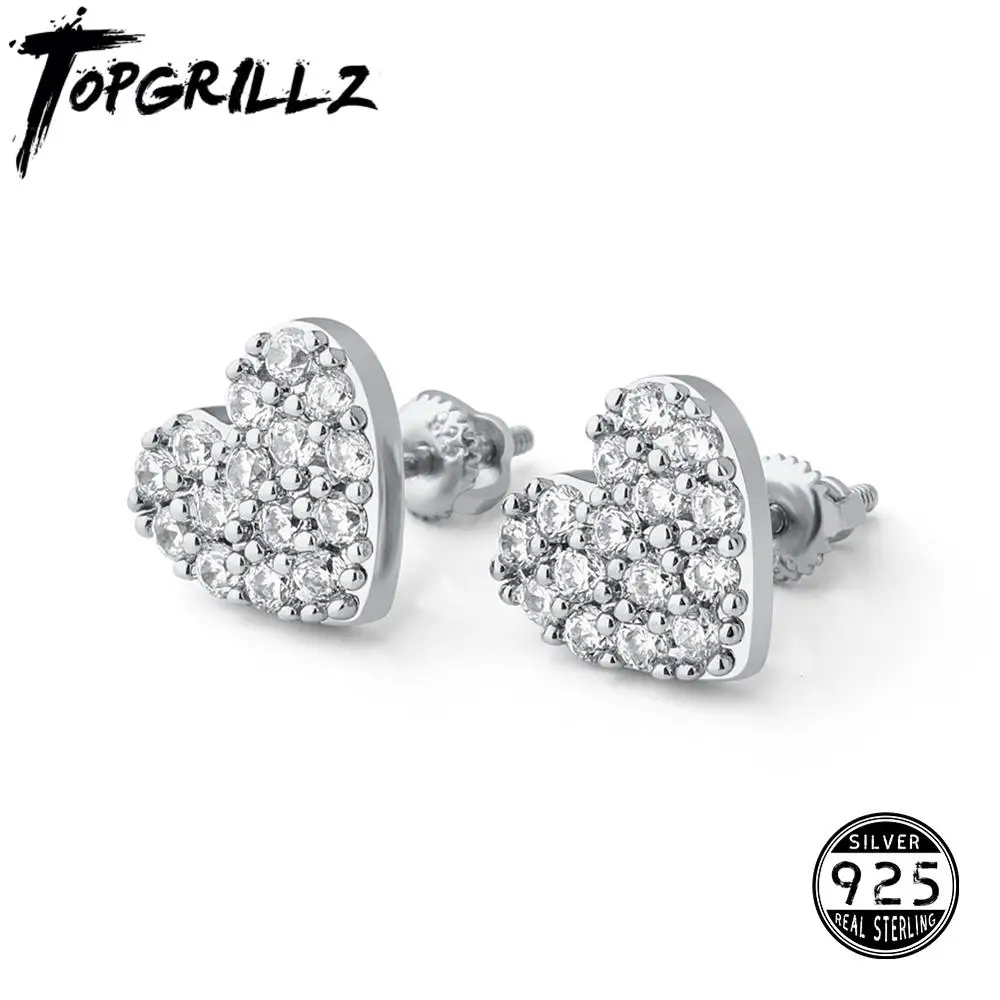 TOPGRILLZ 925 Silver Delicate Women Heart shape Ear Stud Iced Out Cubic Zirconia Earring Hip Hop Women Sterling Silver Jewelry