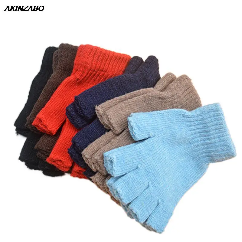 Writing Work Half Finger Thermal Gloves Knitted Solid Color Mittens Warmth Winter Gloves For Men Women Kniting Fingerless Gloves