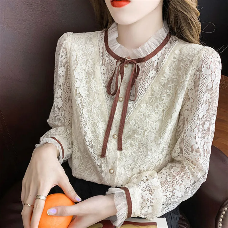 

Add Velvet/Thin Section Hollow Lace Shirt And Tops Autumn Winter New Elegant Women Blouse Long-sleeved Stand Collar Shirts