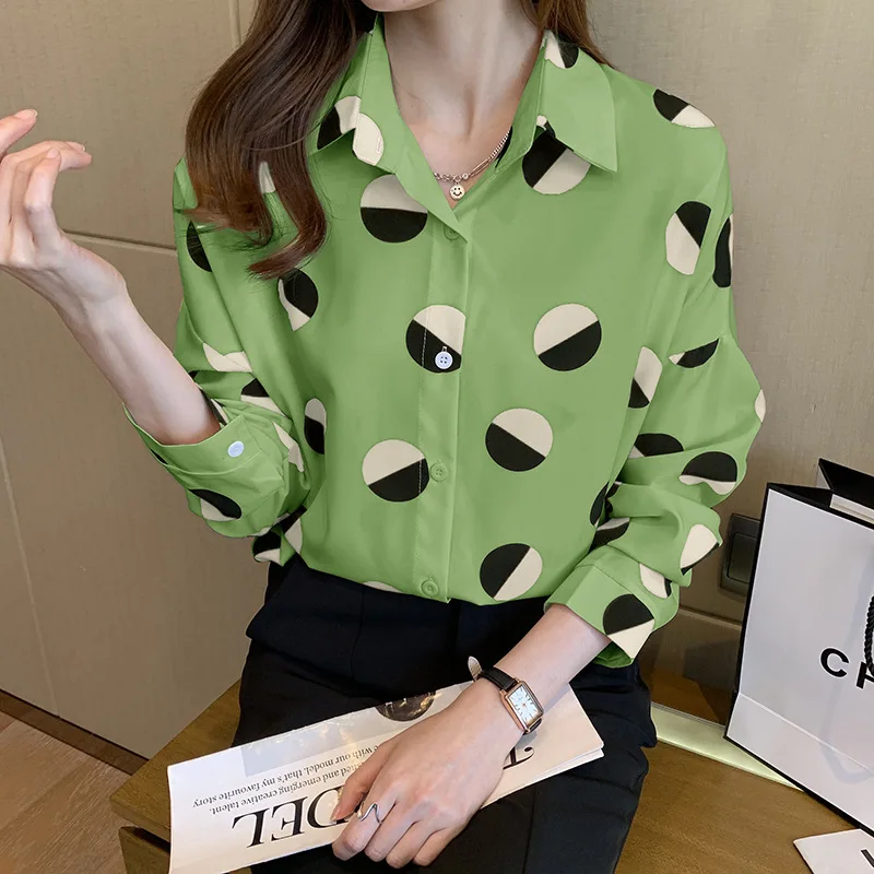 Women's Long Sleeve Shirt, French Fashion, Cotton Chiffon Top, Retro Wave Dot Printing, Niche, Hong Kong Style, Autumn, New