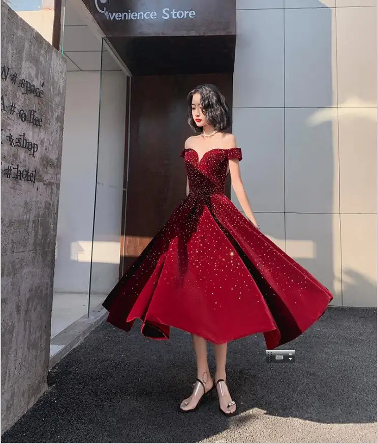 блестящий коктейль бургундского 2021 shinning off-the-shoulder A-line girls ankle length burgundy cocktail dress party gowns