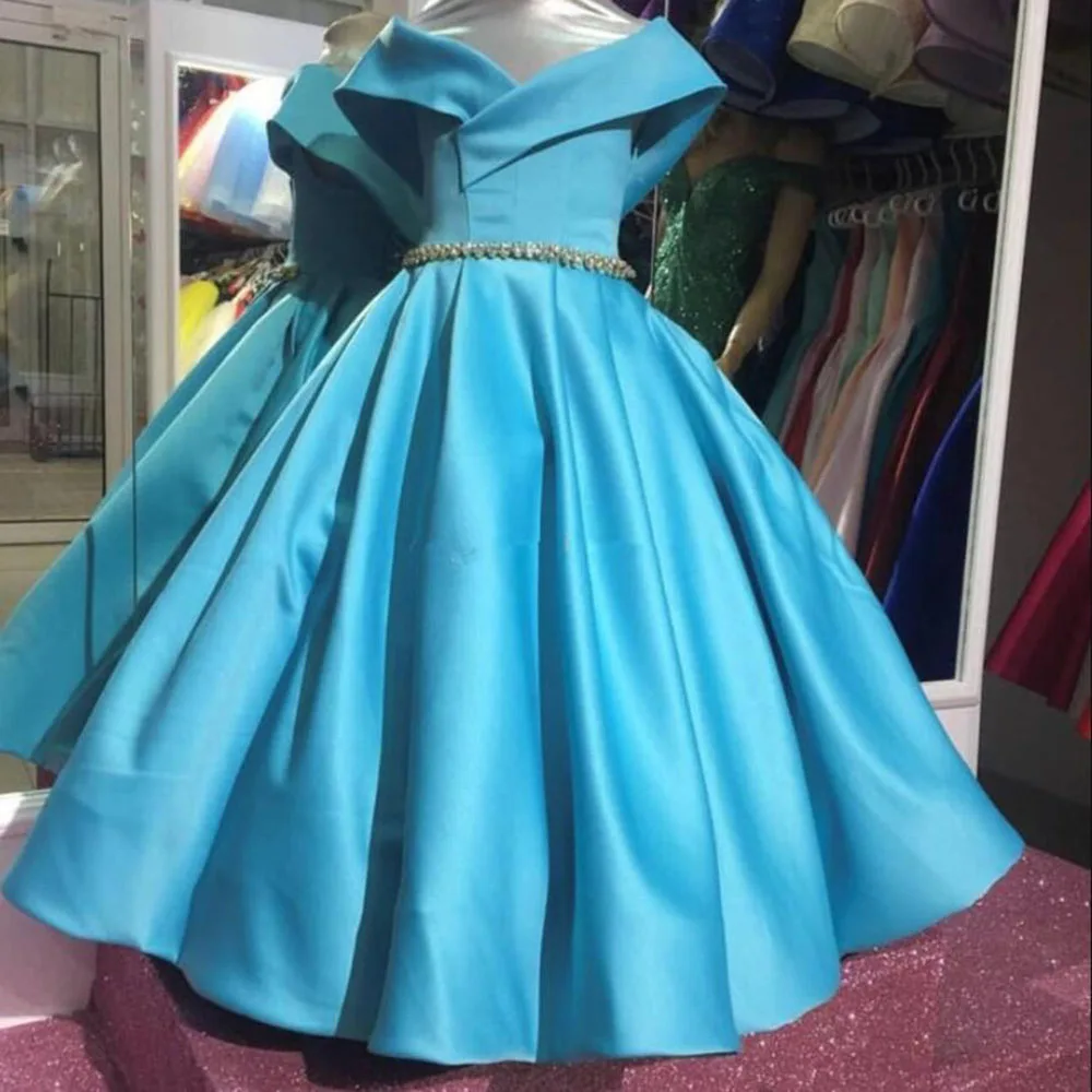 Real Photo Princess Blue Toddler Little Pageant Dresses scollo a V maniche corte perline Prom Evening Party Flower Girls Dress