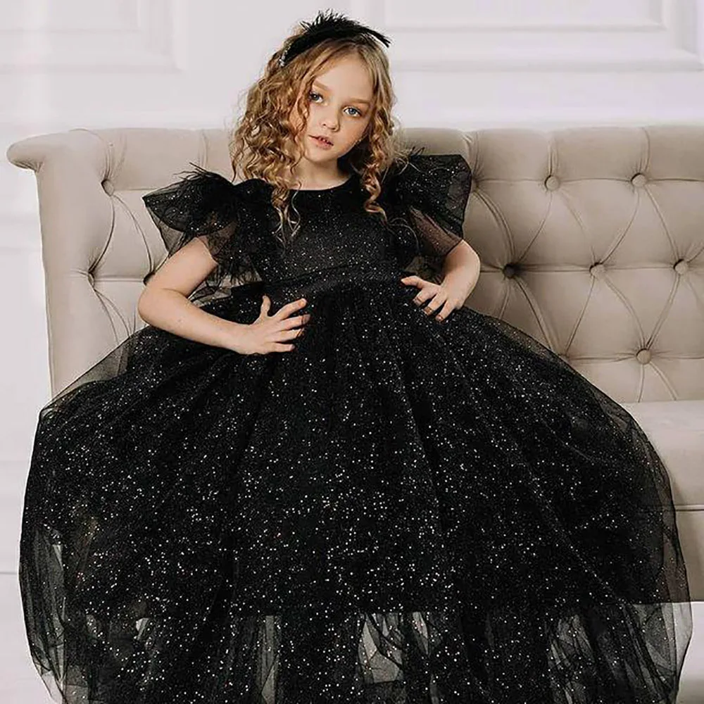 

Black SImple Flower Girl Dresses Ball Gown Tulle Backless Feather Lilttle Kids Birthday Pageant Weddding Gowns