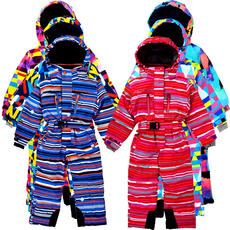 Traje de esquí de una pieza para niños, a prueba de viento y nieve, resistente al agua, espesamiento de terciopelo, equipo de esquí