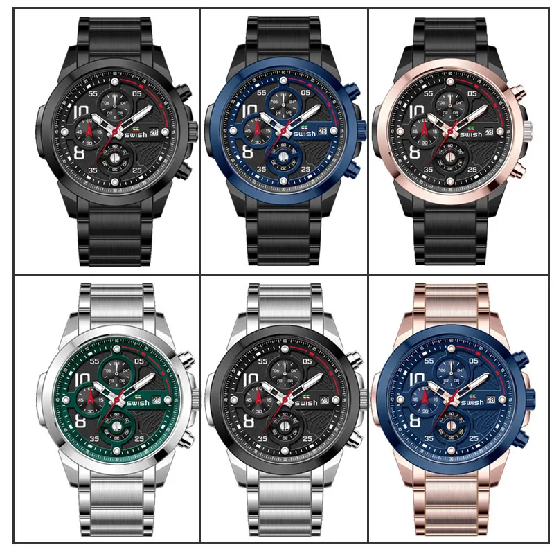 

SWISH Men Quartz Watch Luminous Military Watches Stainless Steel Chronograph Waterproof Sports Wristwatch Male Relojes Hombre