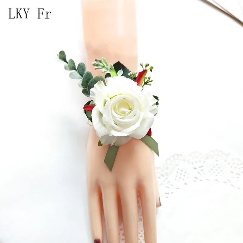 LKY Fr Boutonniere Pin Hochzeit Corsage Armband Braut Weiß Rosa Rosen Seide Blume Ehe Zubehör Bräutigam Knopfloch Brosche