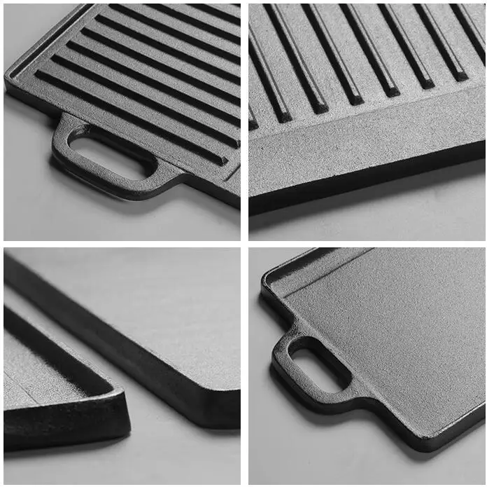 Cast Iron Outdoor Baking Tray Double-sided Skillet frying pan Iron Plate Cast Iron Pan BBQ Griddles Cookware