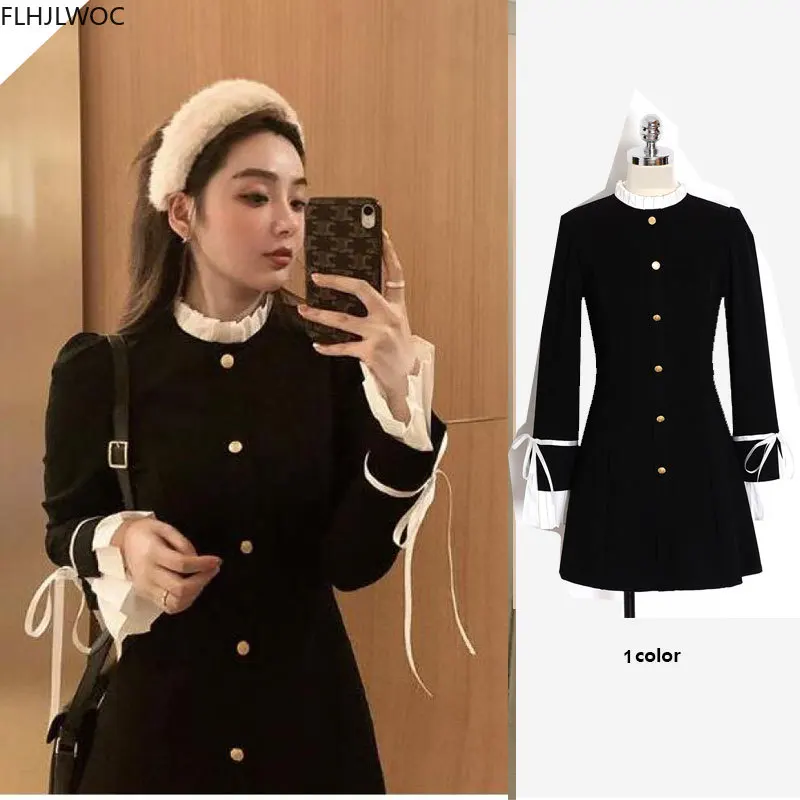 2021 New Year Date Feminine Vestidos Stand Collar Retro Vintage European French Style Little Black Patchwork White Shirt Dress