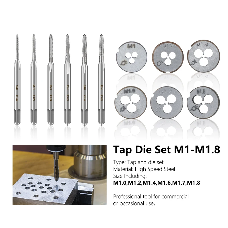 Machine Tap And Die Set M1 M1.2 M1.4 M1.6 M1.7 M1.8 HSS Tap Die Set Metric Drill Machine Screw Thread Tap&Die Threading Tool