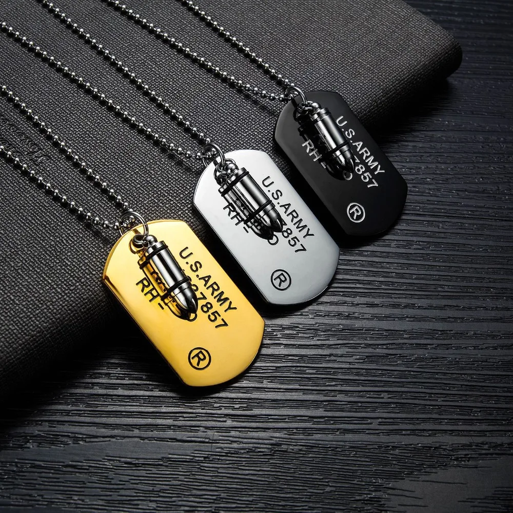 High Quality Fashion Men Military Army Bullet metal Charm Dog Tags SINGLE EMBOSSED Chain Pendant Necklace Jewelry Gift