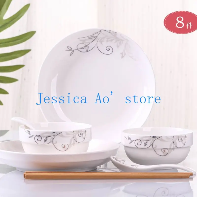 

8pcs White Ceramic Bowls and Plates Spoons Chopsticks Simple Dinner Set Plates and Dishes Bone China Dinner Plate Plate Sets