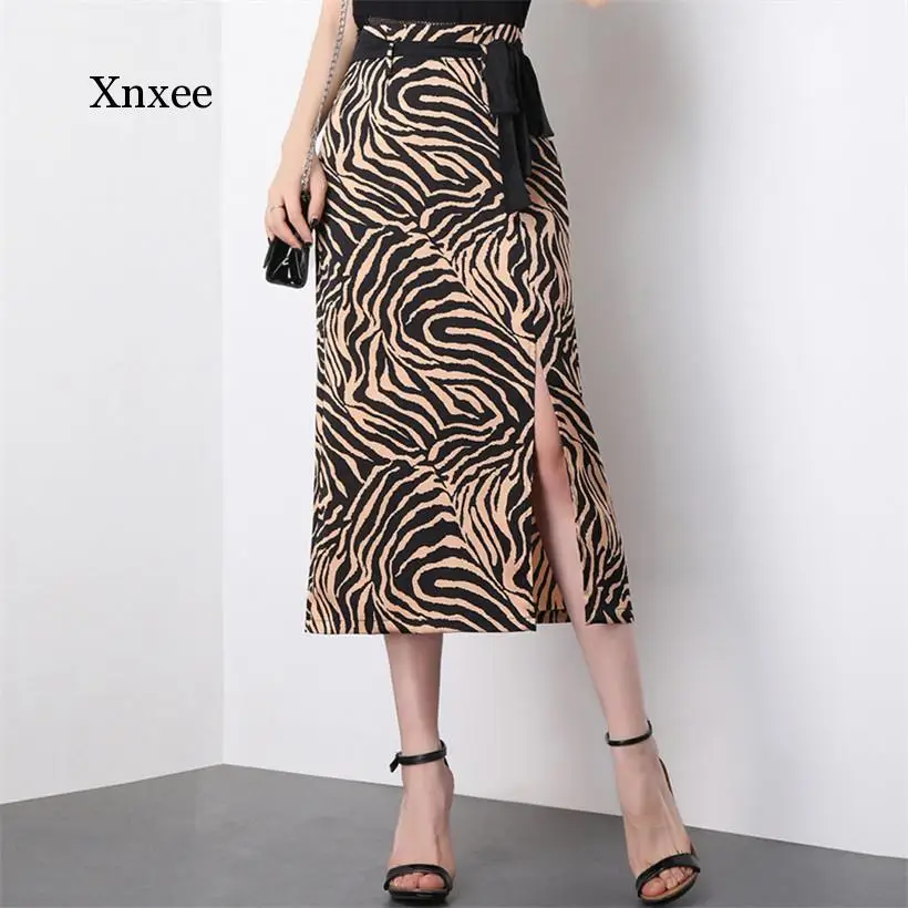 Tiger Pattern Midi Skirts Lace Up Vintage High Waist Women Sexy Split Female Temperament Package Hip Skirt with Belt Lady Bottom