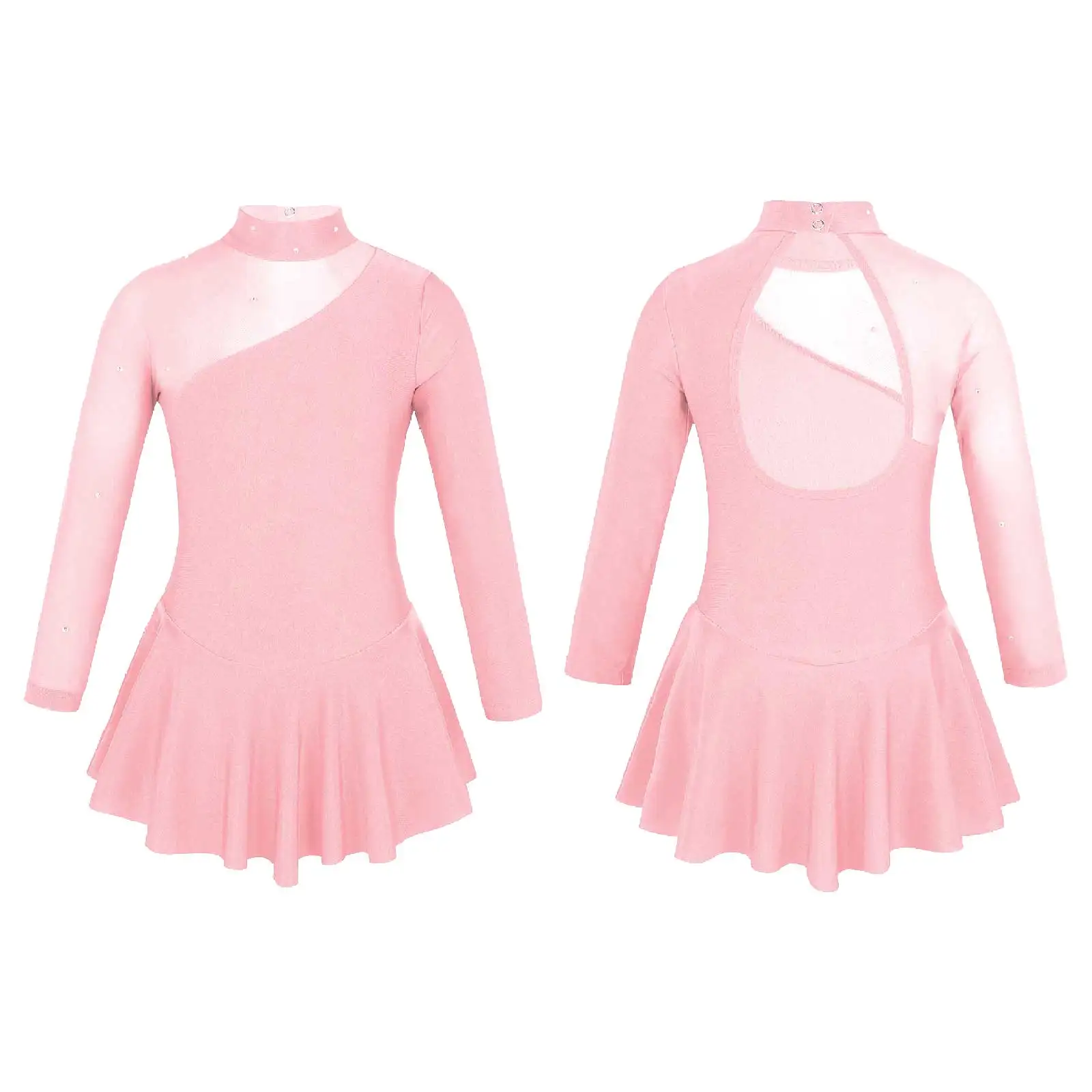 Kids Girls Rhinestone Mesh Long Sleeve Figure Skating Dress Artistic Gymnastic Training Performance Ballet Dance Leotard Dress