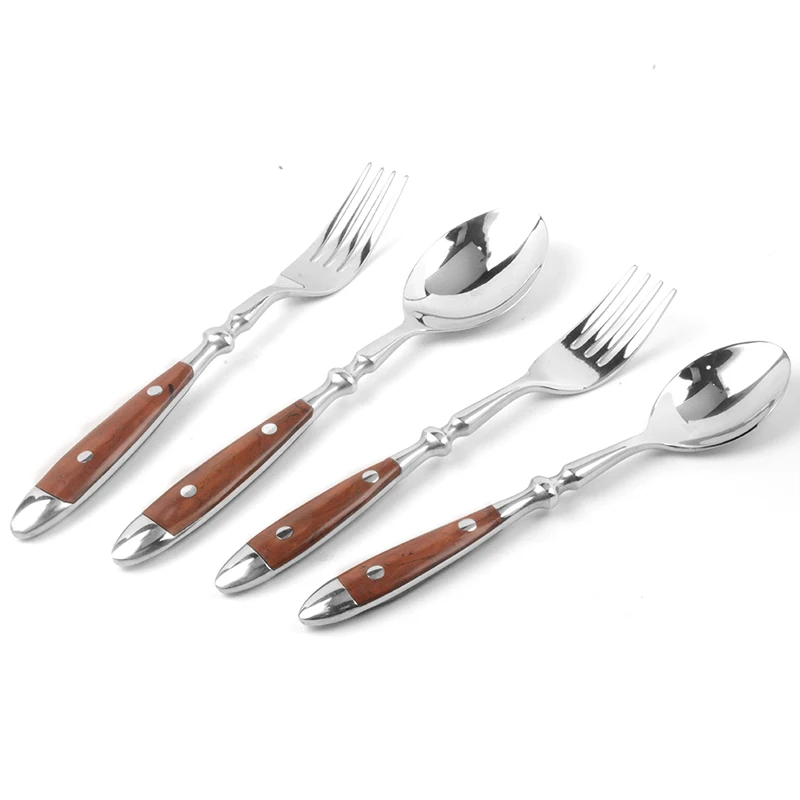 Tableware With Wooden Handle,With Steak Knives Retro Cutlery  Stainless Steel Flatware Cutlery,Set Includes Forks Spoons Knives