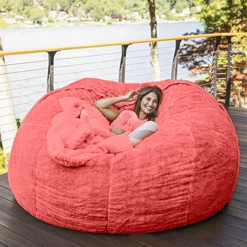 Dropshipping giant fur bean bag cover big round soft fluffy faux fur beanbag lazy sofa bed cover living room furniture