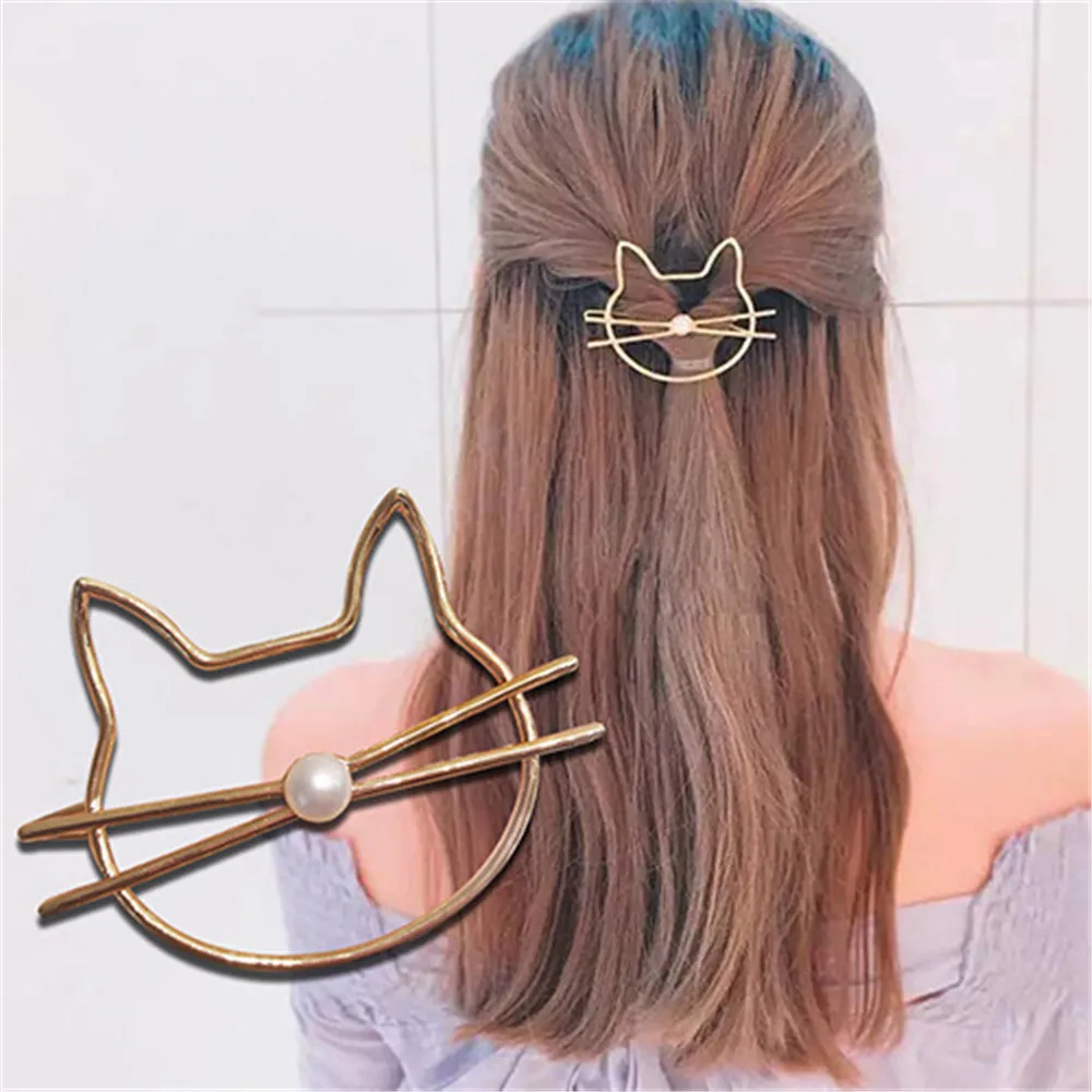 Hollow Out Cat Hair Pin Fashion Cute Imitation Pearl Hairpin Side Clip Barrette Auxiliary Modelling Accessories for Women Gifts