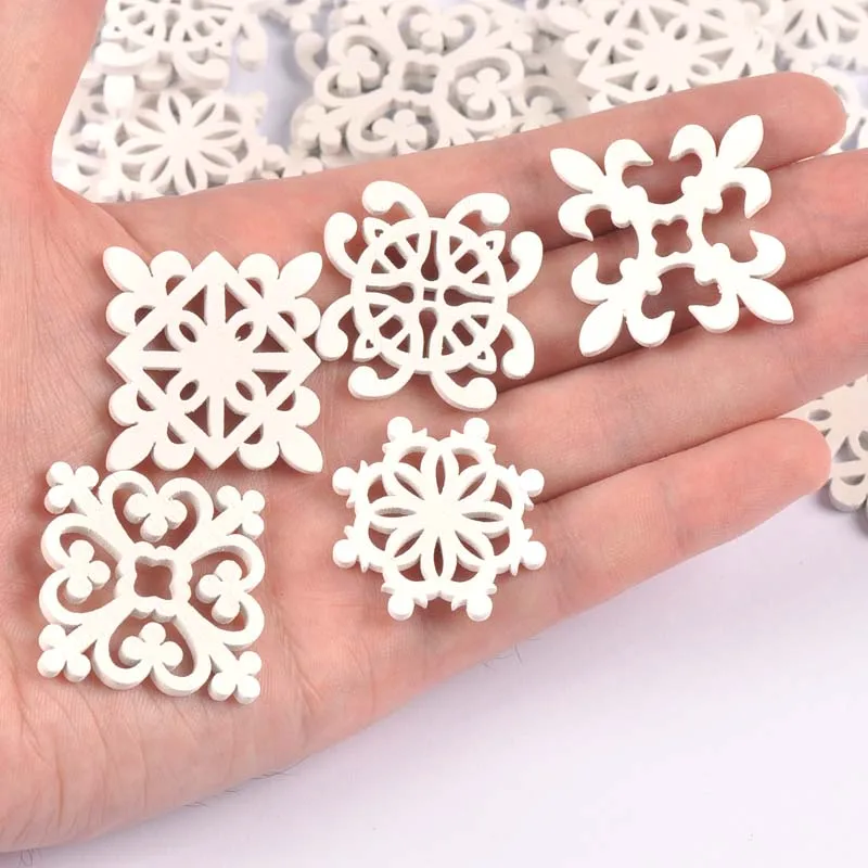 20Pcs 28-30mm white Wood Crafts DIY Scrapbooking Handmade Accessory Flower Lace Pattern Wooden Ornaments Home Decor Arts m2264