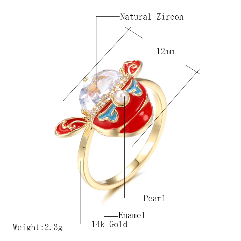 Kinel 2021 Lucky Cow Ring 14K Gold Red Enamel Natural Zircon Ring For Women Girl Birthday Party Gift Fasion Jewelry