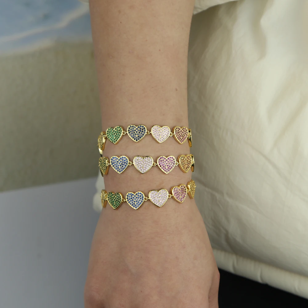 

Summer New Fashion Women Sweet Love Heart Bracelet Necklace With Rainbow Cz Multi Piece Heart Charm Valentine's Day Jewelry