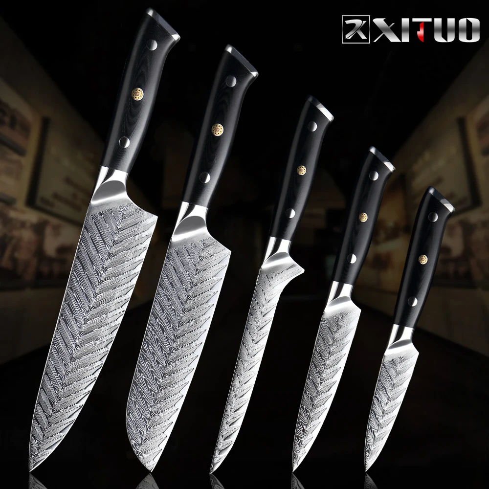 XITUO Damascus Chef Knife Set VG10 Kitchen Knife Santoku Cut Meat Cleaver Slicing Fruit Utility Boning Knife G10 Handle Gift Box