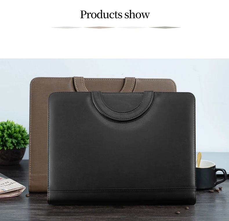 A4 Document Folder Organizer PU Leather Zipper Ring Binder Conference Bag Business Briefcase Padfolio Portfolio with Handle