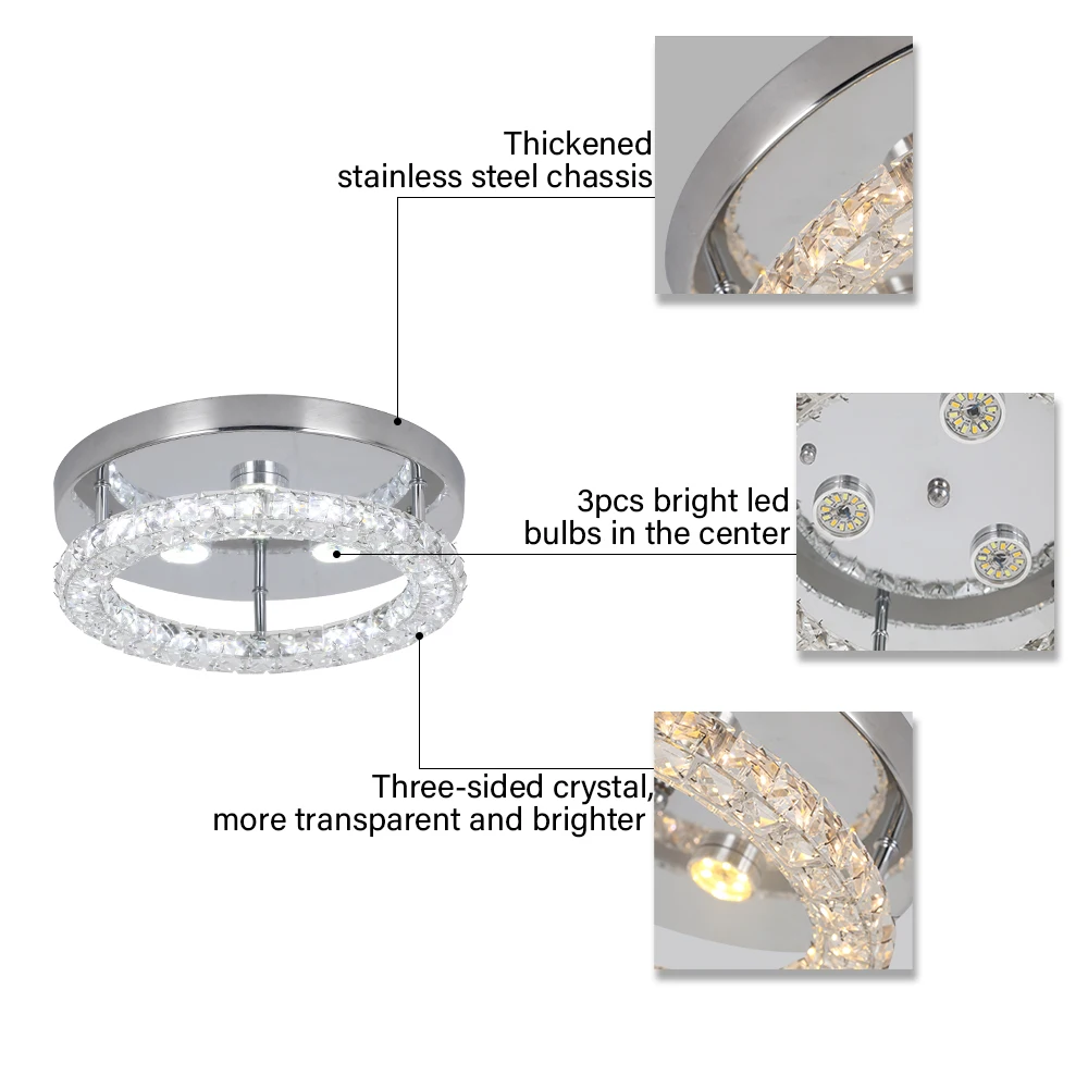 Modern LED Crystal Chandelier Lighting Mirror Rings Ceiling Lamp for Living Room Kitchen Luminaire Home Decor Light Fixture