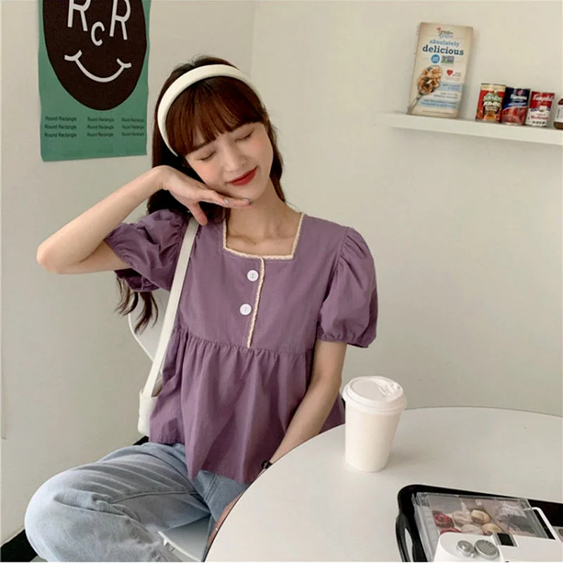 Vintage Blouses Women Square Collar Design Streetwear Korean Fashion Harajuku Loose Chic All-match Preppy Style Elegant Purple