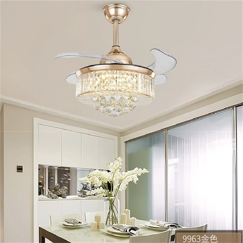 Hongcui Ceiling Fan Light Invisible Luxury Crystal Silvery LED Lamp With Remote Control Modern For Home