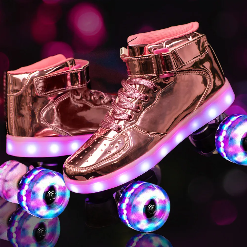 Nieuwe Komen Flash Led 7 Kleur Rechargebale Rolschaatsen Dubbele Rij 4-Wiel Pu Duurzaam Outdoor Volwassen Kids Vrouw man Patines Schoenen