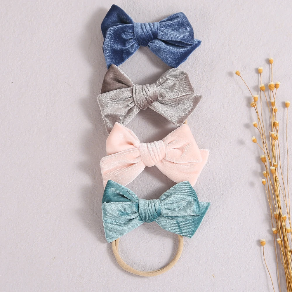 Nylon Newborn Baby Headbands Children Elastic Hairbands Girls 4 Inches Skinny Velvet Bows Hair Accessories Infant Photography