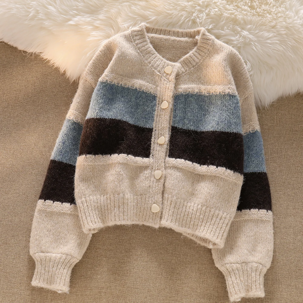 

Patchwork Striped Knit Cardigan Sweater Coat Women 2021 Causal Simple Solf Knitted Button Jacket Sweater Outerwear Top Jumpers