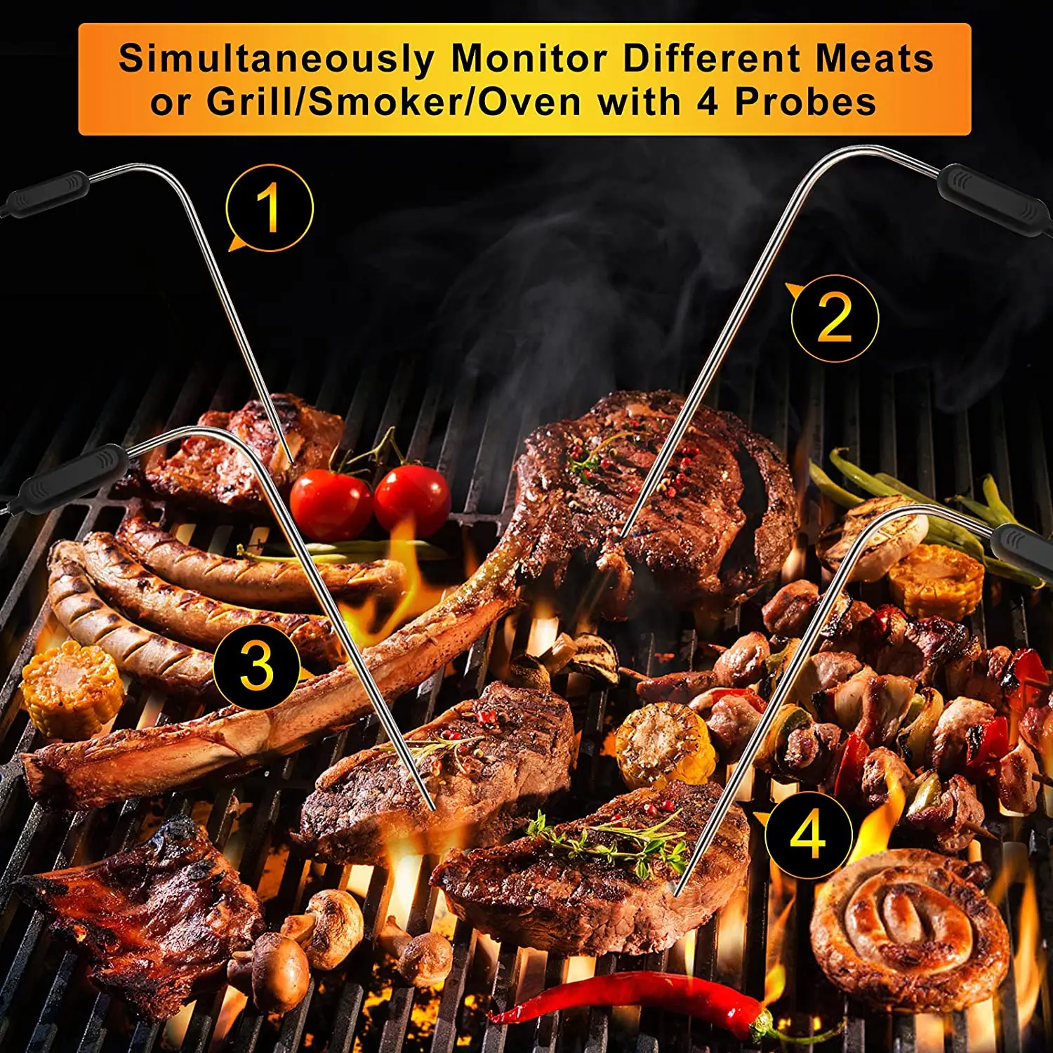 328ft Wireless Meat Thermometer for Grilling Smoker BBQ Oven Digital Food Kitchen Thermometer with 4 Probes Timer Alarm Gift New