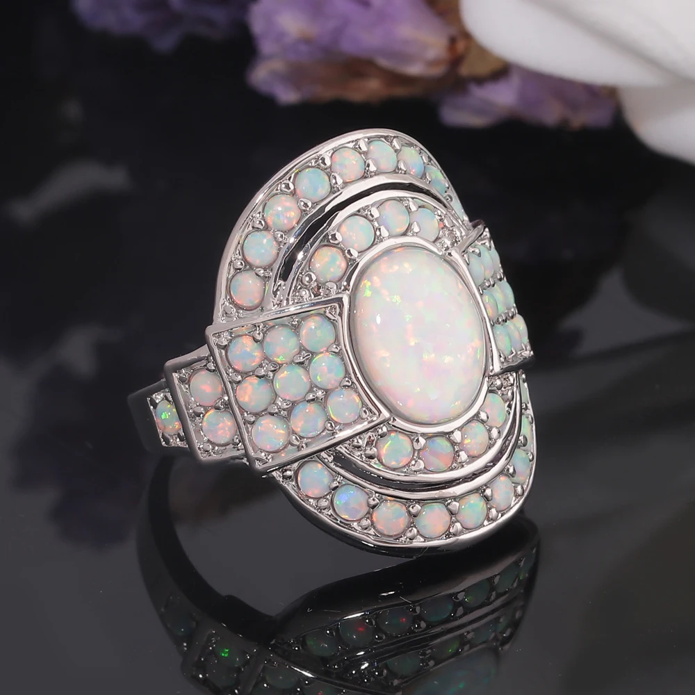 CiNily Blue & Pink & White Fire Opal Filled Finger Rings With Round Stone Silver Plated Luxury Large Cocktail Jewelry Gift Woman