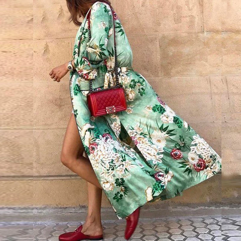 TEELYNN green floral print satin kimono kaftan women bikini cover up vintage long sleeve autumn robe vestidos boho beach blouses