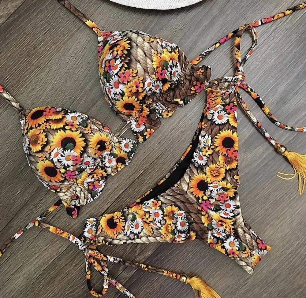 Gợi Cảm Brasil Bikini Bộ 2020 Họa Tiết Đồ Bơi Nữ Bandeau Đồ Bơi Nữ Rỗng Ra Áo Tắm Micro 2 Mảnh Phù Hợp Với