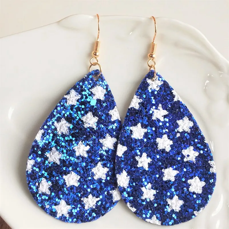 2024 New Fourth of July Flag Sequins Star Blue Stripe Glitter Independence Day Leather Drop Earrings for Women