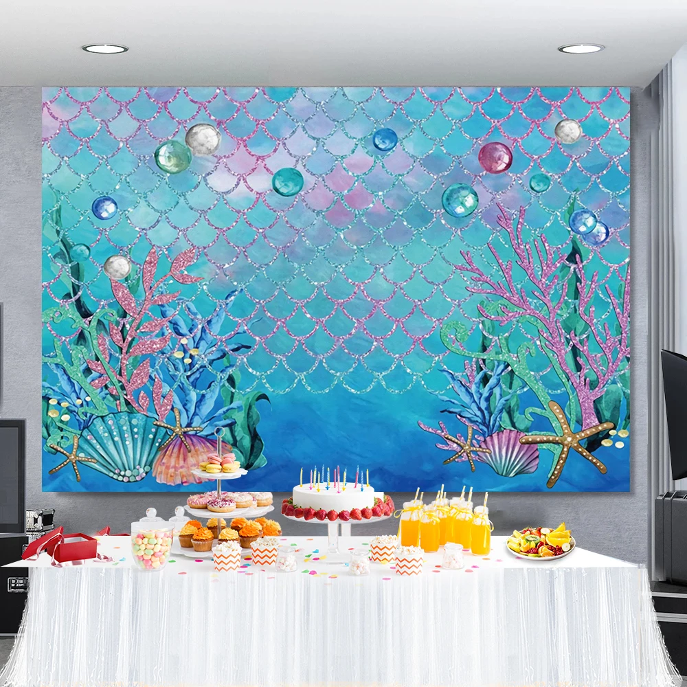 Laeacco Shark Birthday Backdrops For Photography Baby Cartoon Fish Shell Bubble Party Portrait Photo Backgrounds Photo Studio