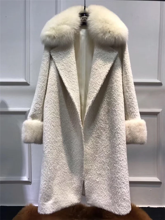 

Russian Winter 100% Albaka Alpaca Real Fox Fur Collar Mink Cuffs Woolen Plus Size Long Coats Women