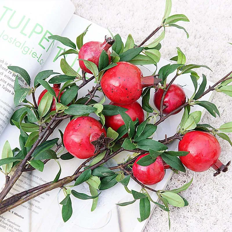 

2Heads Riped Pomegranate branch with leaves red Artificial flowers for home garden DIY decoration berry flores artificiales