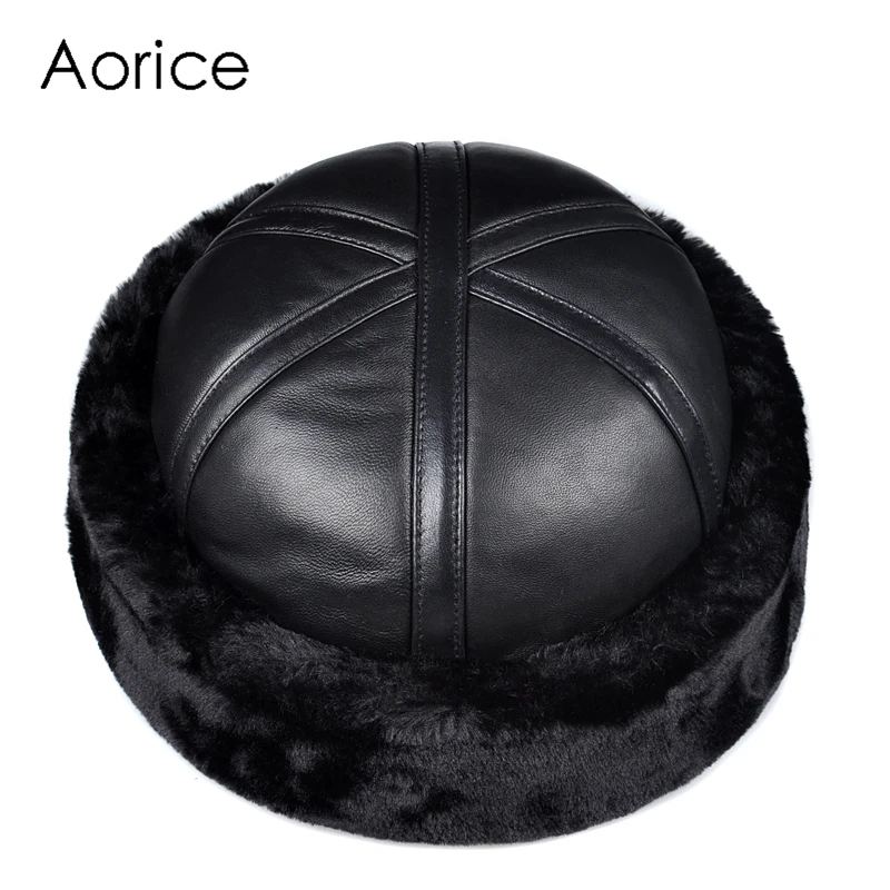 

Aorice Men Real Sheep Leather Cap Hat 2021 Winter New Leather Skullies & Beanies With Faux Fur Inside HL014